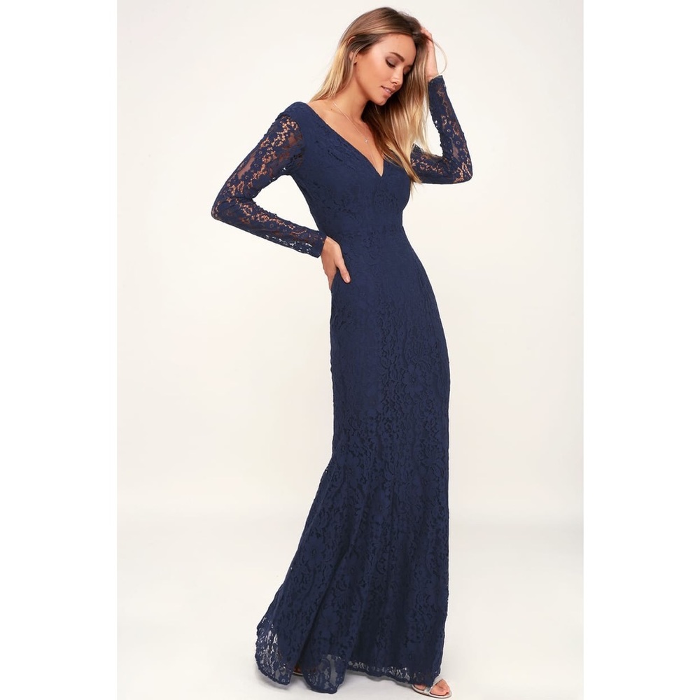 Navy Blue Long Sleeve Maxi Dress